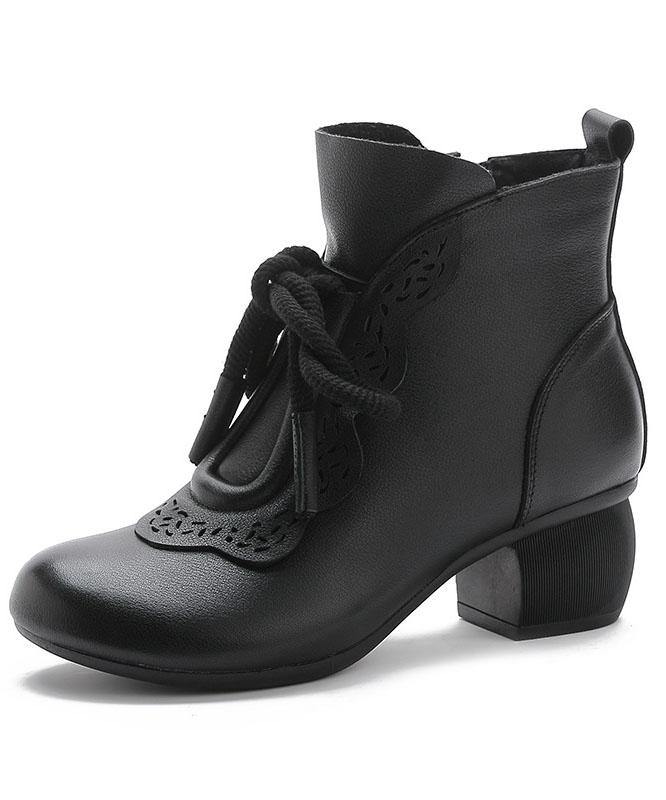 Black Zippered Cowhide Leather Boots Lace Up Boots