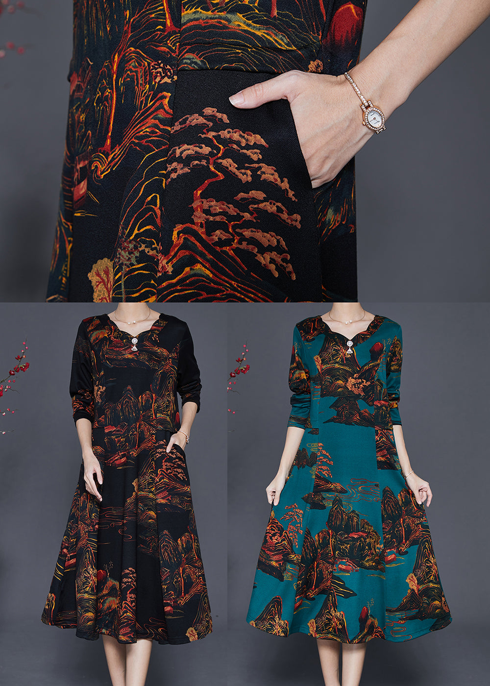Blackish Green Print Silm Fit Cotton a Line Dresses Fall
