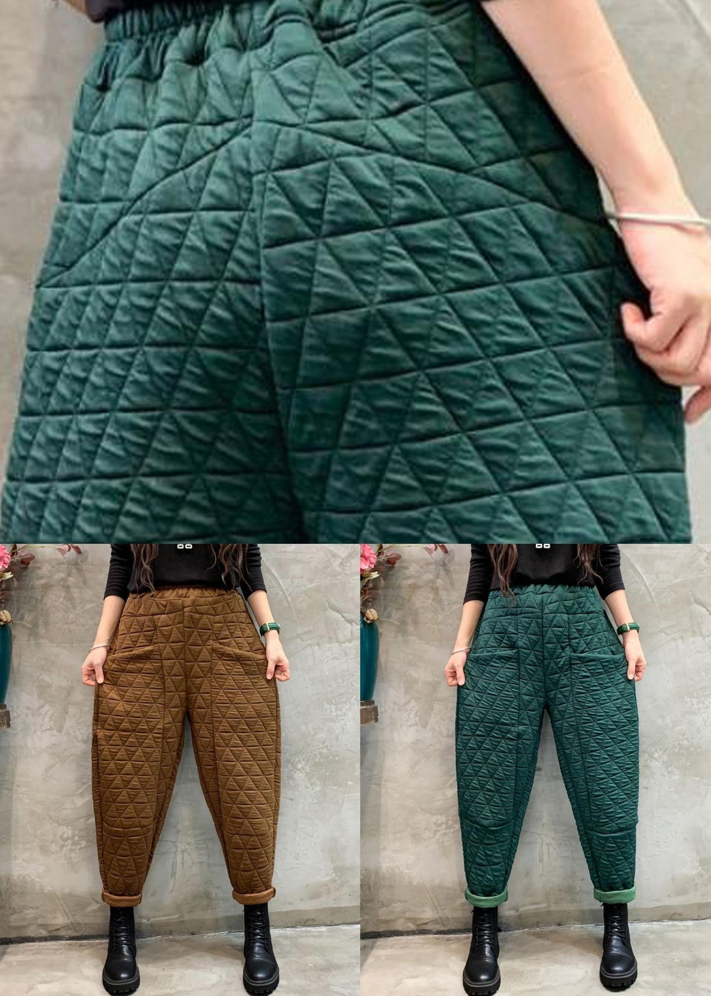 Blackish Green Cotton Filled Crop Pants High Waist