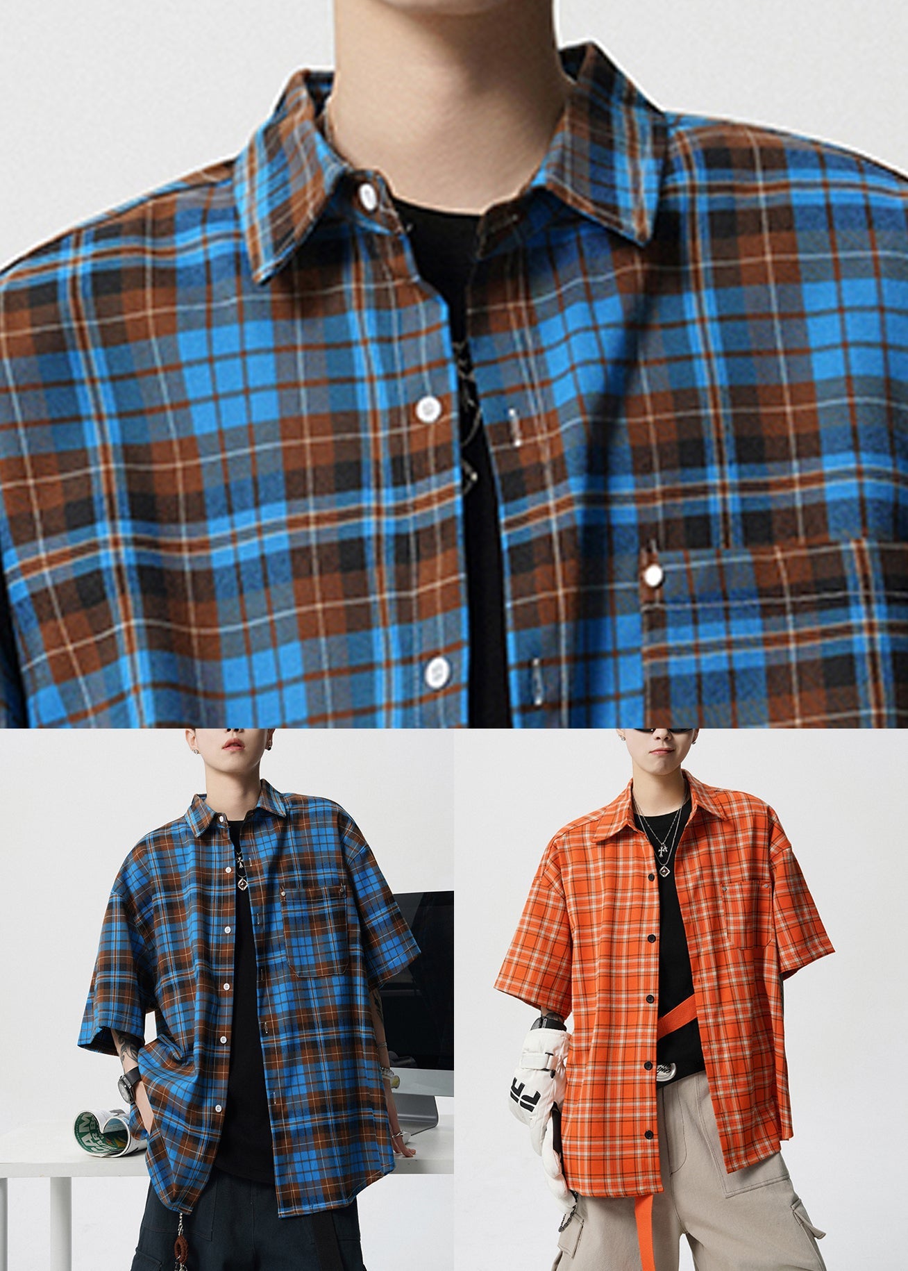 Blue Button Plaid Cotton Summer Shirts Peter Pan Collar