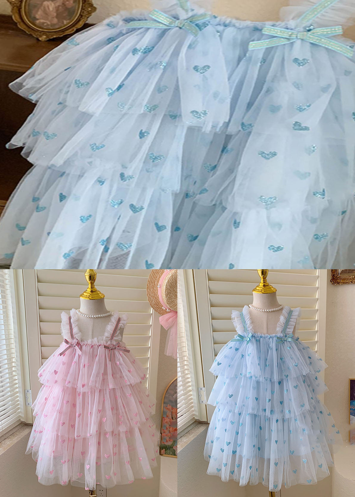 Blue Heart Patchwork Tulle Baby Dresses Bow Wrinkled Sleeveless