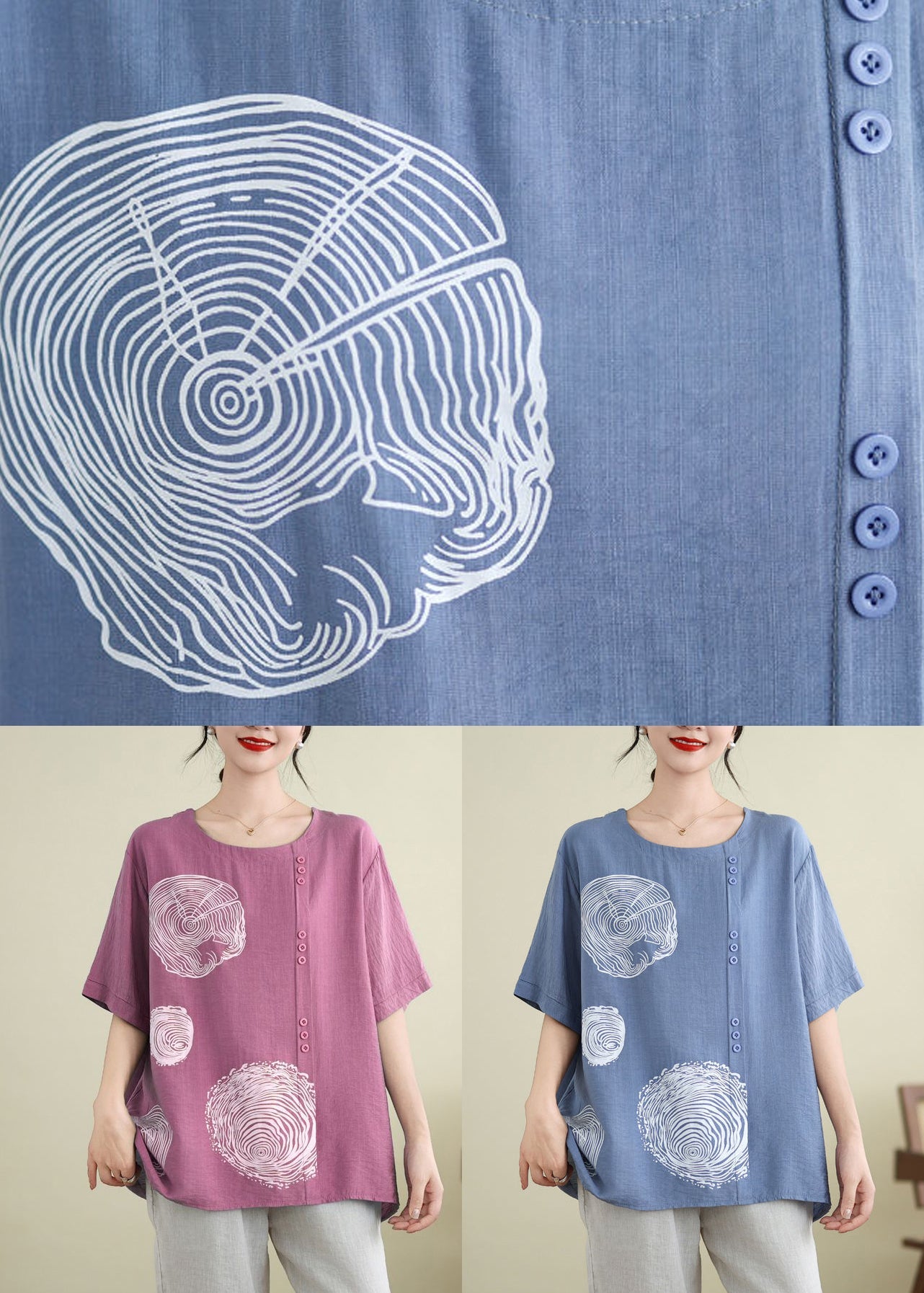 Blue O-neck Print Ice Silk T Shirt Summer