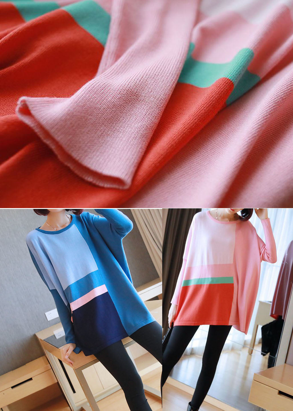 Blue Patchwork Knit Top Oversized O-neck Spring