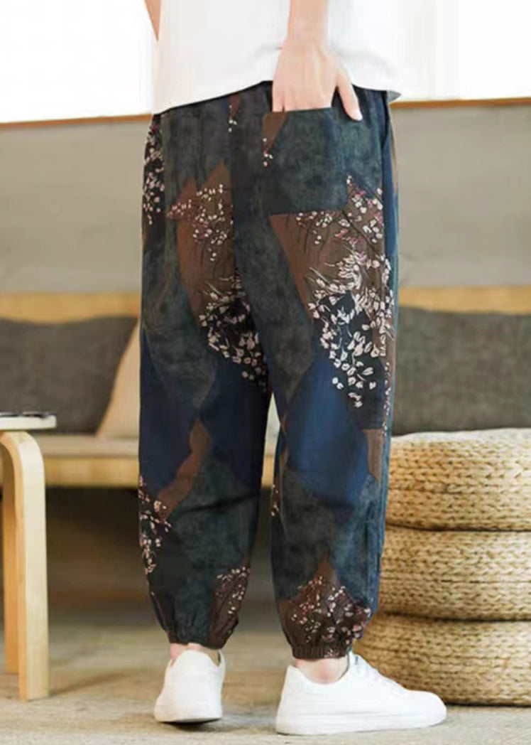 Blue Pockets Patchwork Cotton Beam Pants Elastic Waist