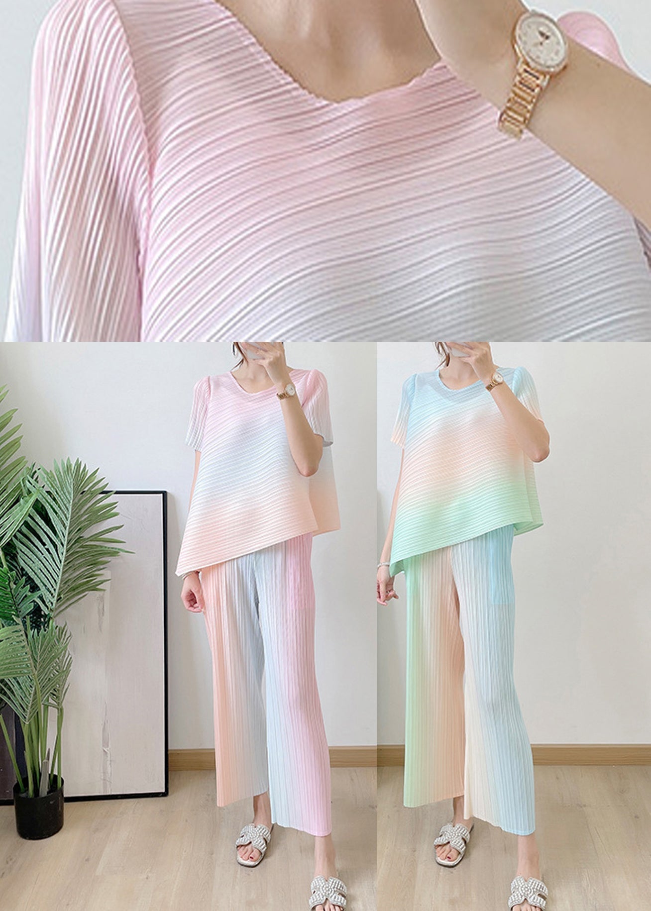 Blue Striped Gradient Color Silk Top and Pants Two Pieces Set Summer