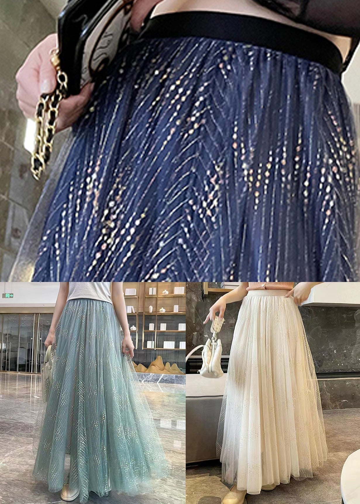 Blue Wrinkled Tulle a Line Skirts High Waist Summer