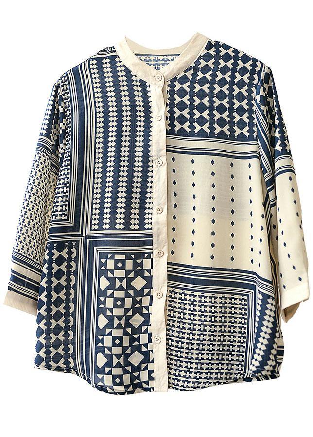 Apricot O-neck Print Button Fall Blouses Three Quarter Sleeve