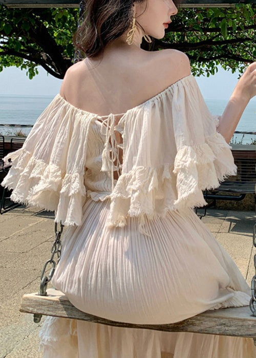 Apricot Slash Neck Ruffled Cotton Exra Large Hem Dress Summer