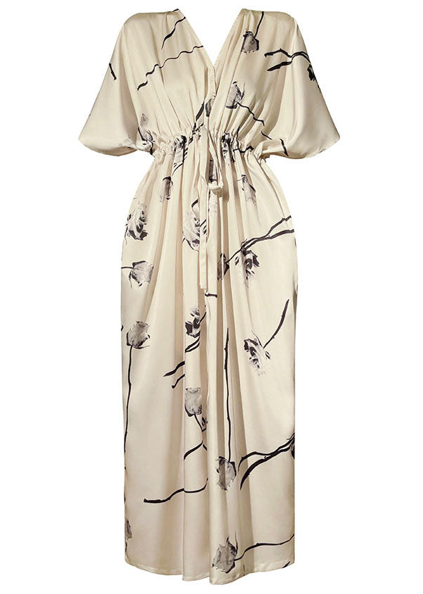 Apricot V Neck Ink Print Drawstring Silk Cinch Dresses Summer