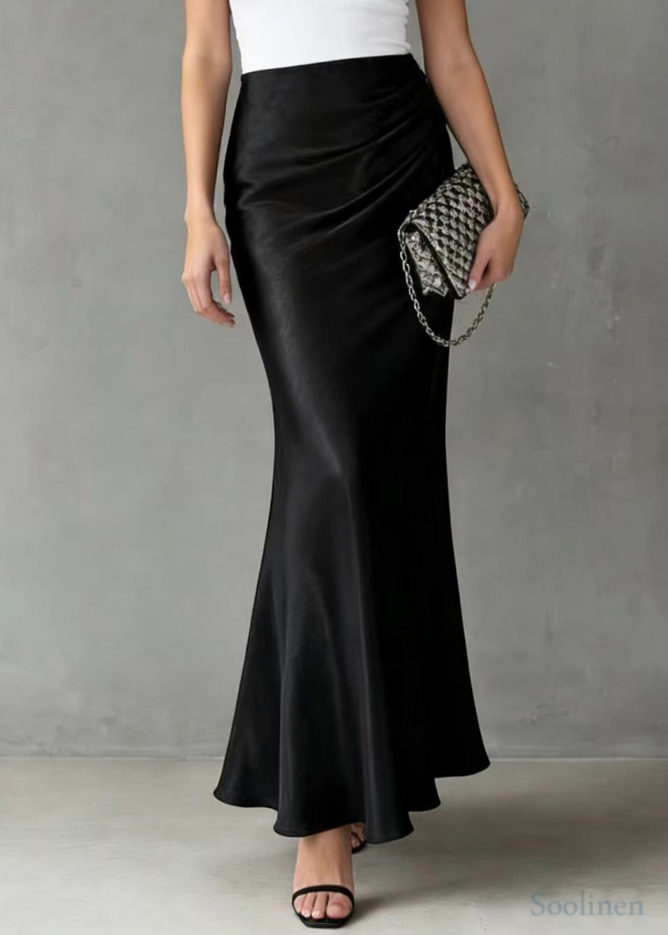 Black Elastic Waist Draping Silk Wraped Skirt Spring