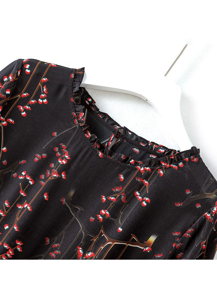 Black O-neck Ruffled Print Silk Maxi Dress Short Sleeve