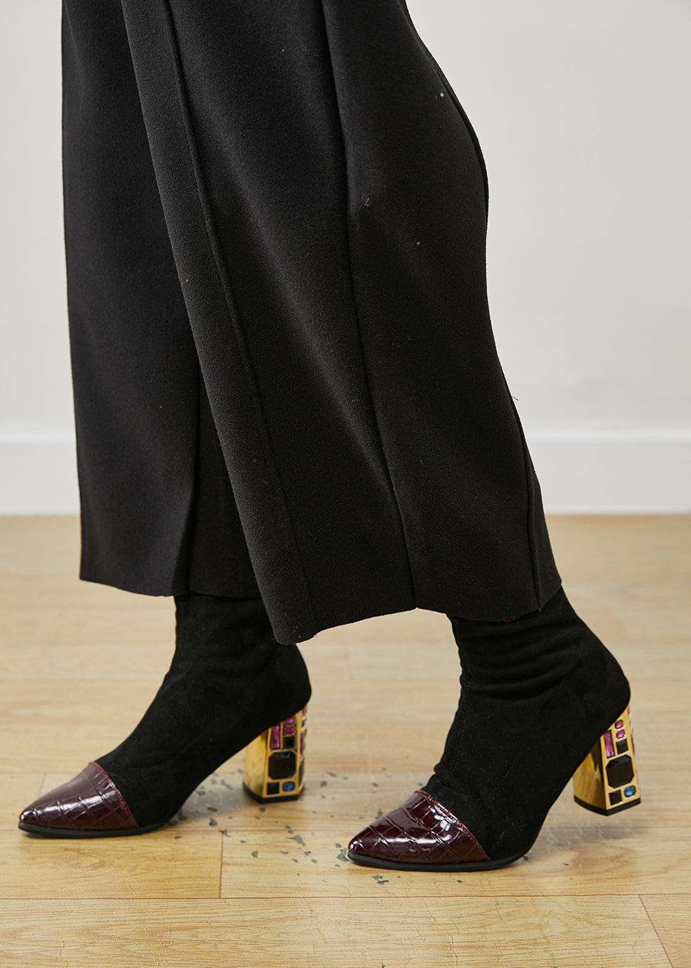 Black Oversized Elastic Waist Woolen Crop Pants Spring