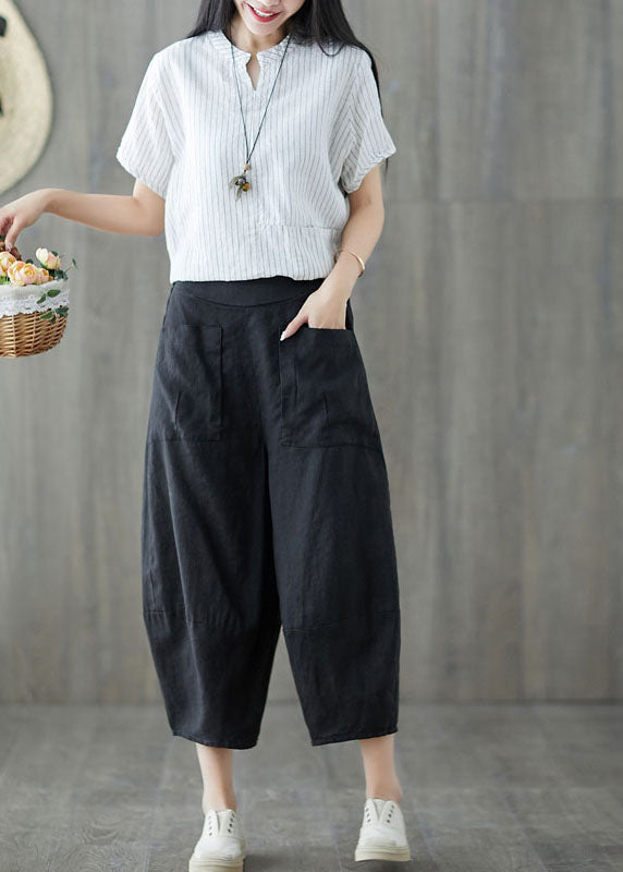 Black Oversized Patchwork Pockets Linen Harem Pants Summer