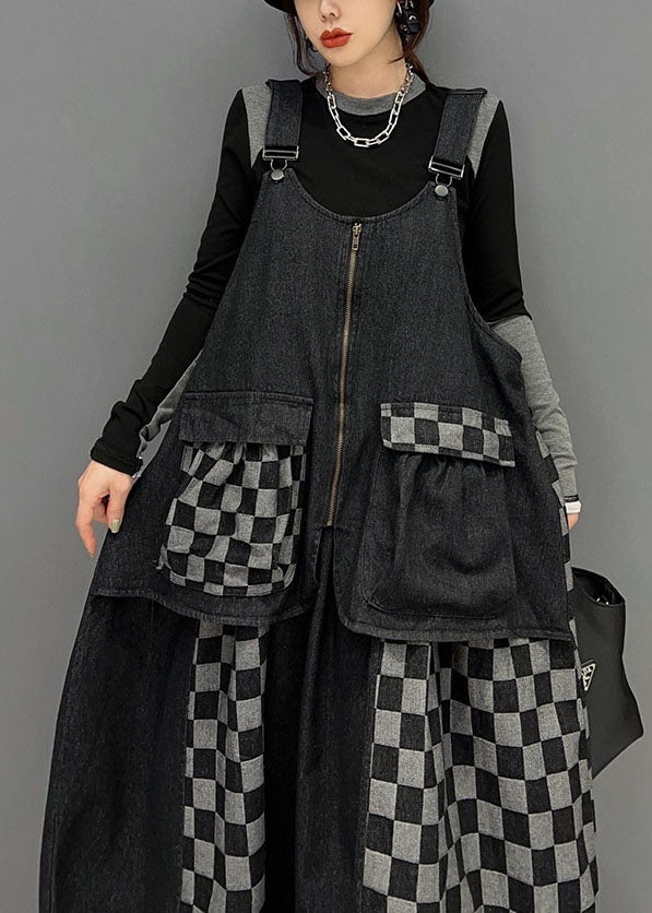 Black Patchwork Cotton Denim Strap Dresses Spring