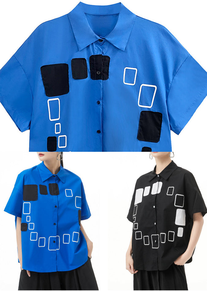 Black Peter Pan Collar Print Shirt Tops Short Sleeve