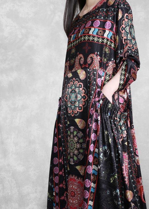 Black Print Dress O Neck Pockets Dress