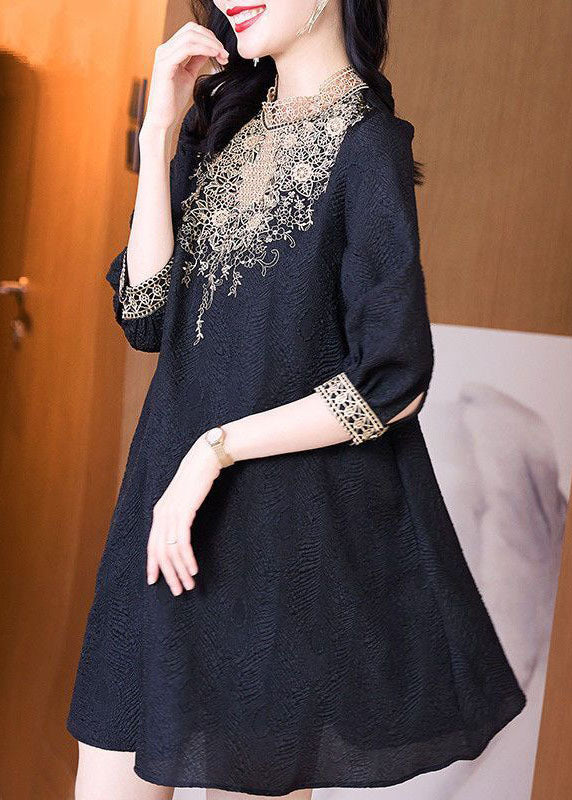 Black Stand Collar Lace Patchwork Spandex Mid Dress Half Sleeve