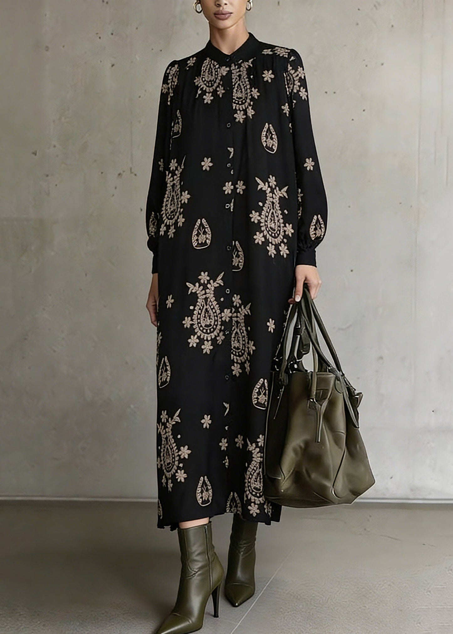Black Stand Collar Print Ankle Dress Lantern Sleeve