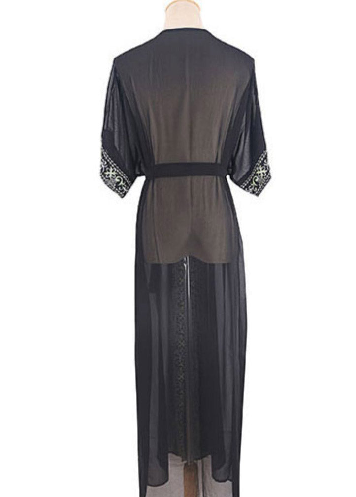 Black V Neck Print Chiffon Long Beach Cardigans Summer