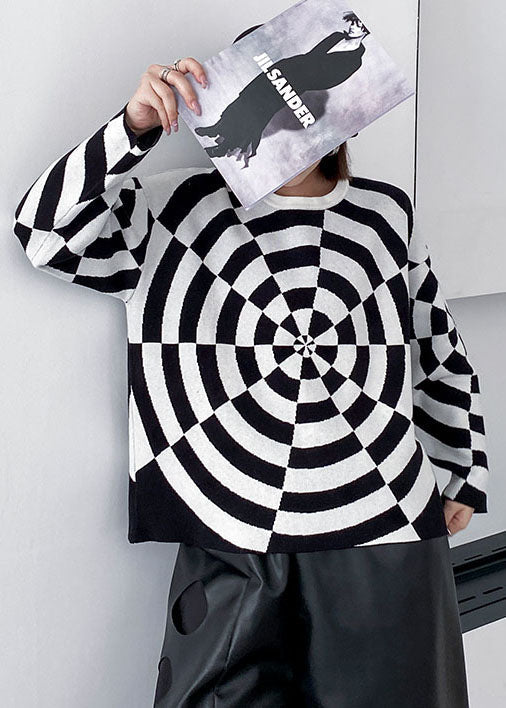 Black White O-neck Original Design Print Knit Sweater Winter