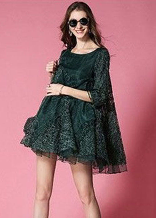 Blackish Green Bow Patchwork Organza Vacation Dress Half Sleeve