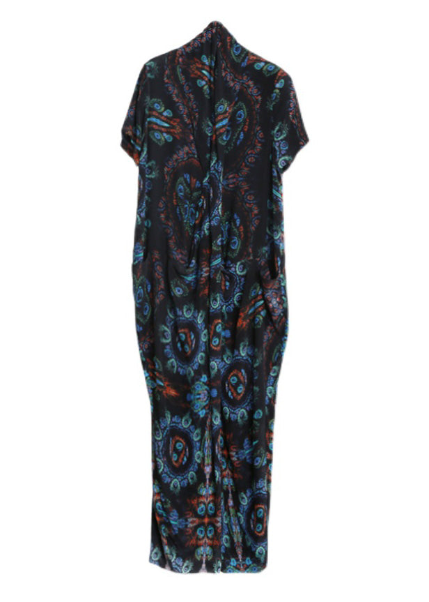 Blue Black V Neck Print Wrinkled Silk Ankle Dress Summer