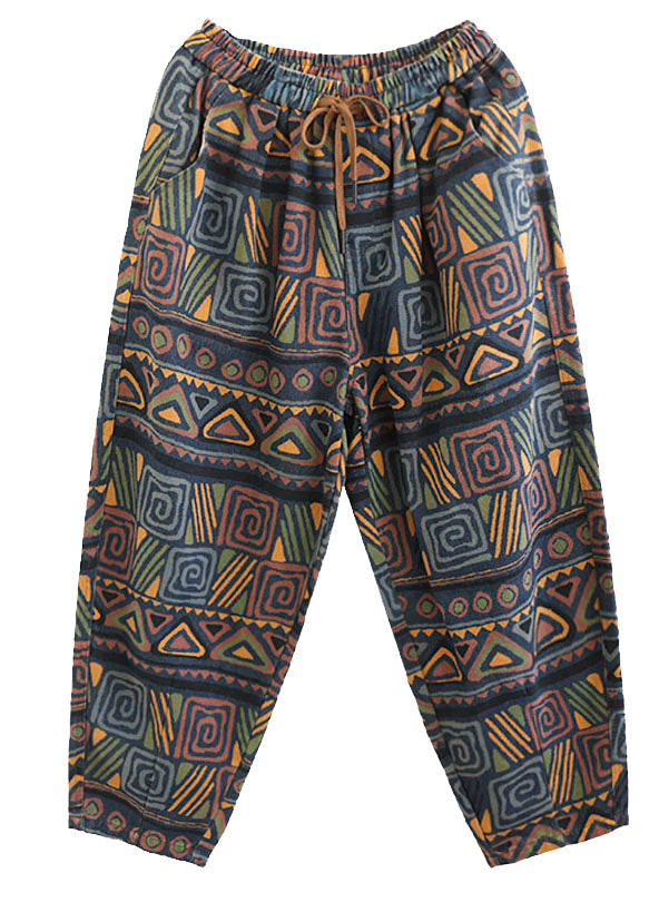Blue Elastic Waist Pockets Print Cotton Denim Harem Pants Fall