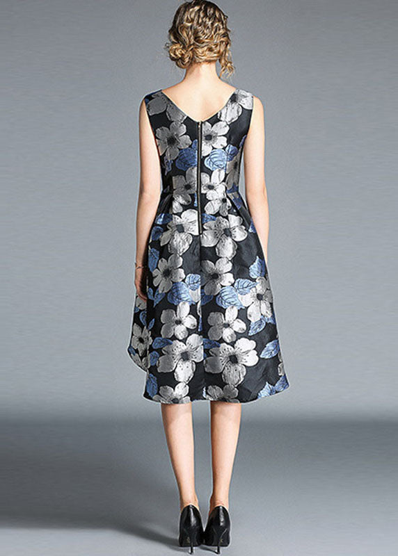 Blue O Neck Jacquard Patchwork Cotton Mid Dress Sleeveless