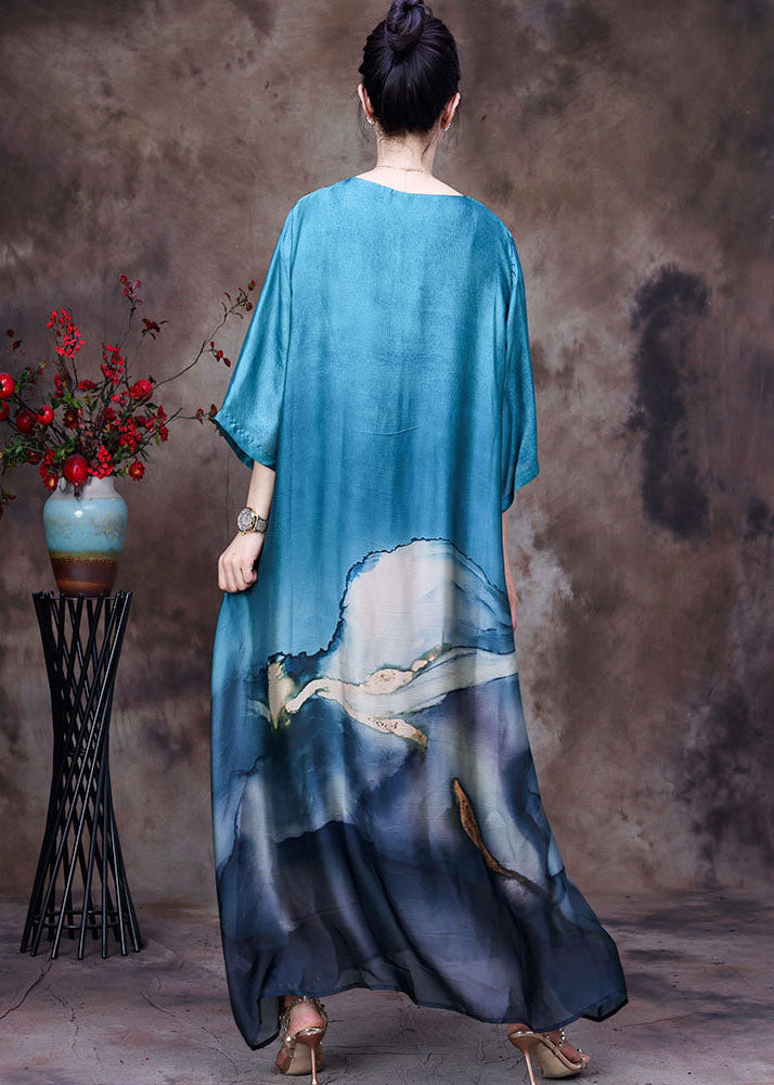 Blue O-neck Layered Design Print Silk Dresses for Bracelet Sleeve
