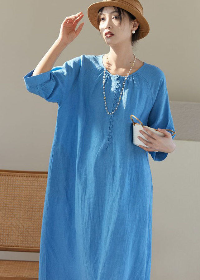 Blue O Neck Patchwork Linen Dresses Bracelet Sleeve