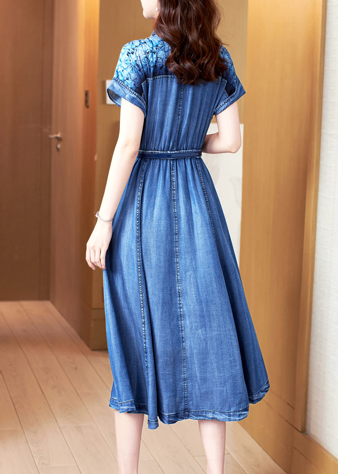 Blue Print Pockets Patchwork Denim Dress Summer