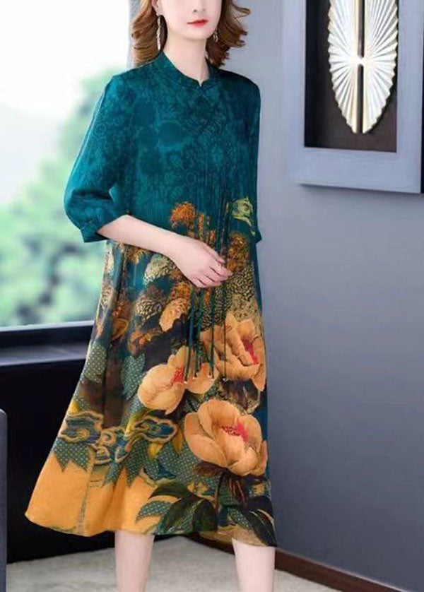 Blue Stand Collar Print Tassel Silk Long Dress Half Sleeve