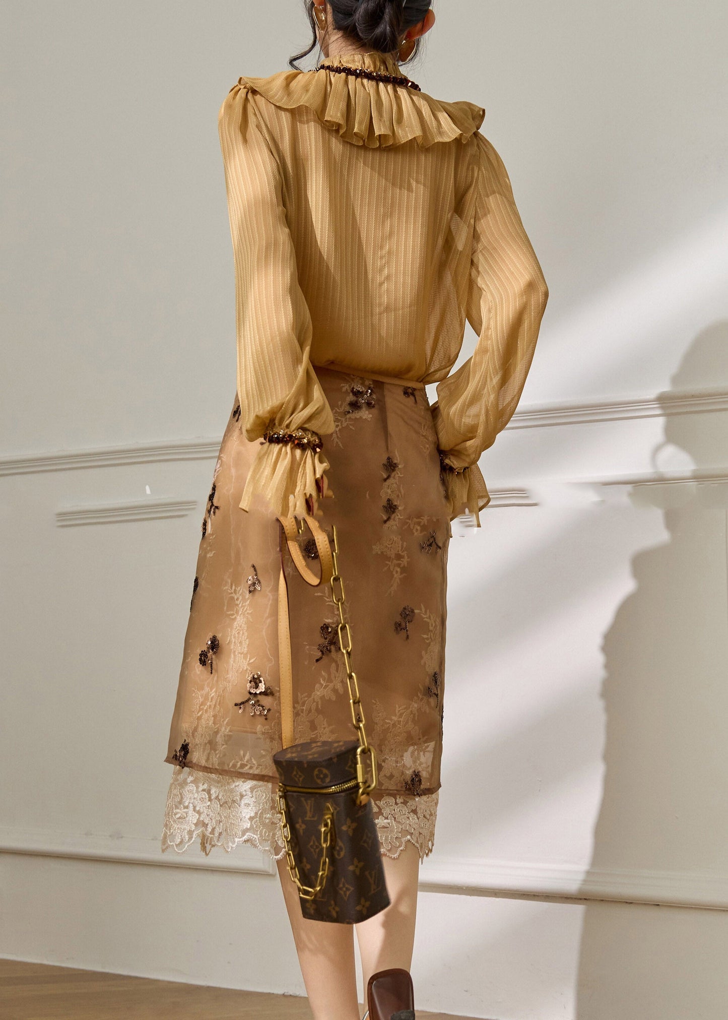 Bohemian Brown Ruffled Patchwork Shirt Flare Sleeve