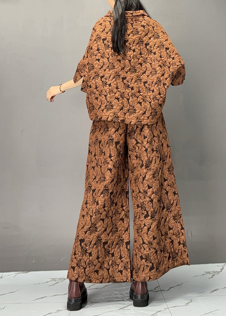 Chocolate Print Zippered Top and Wide Leg Pants Two Piece Set Spring