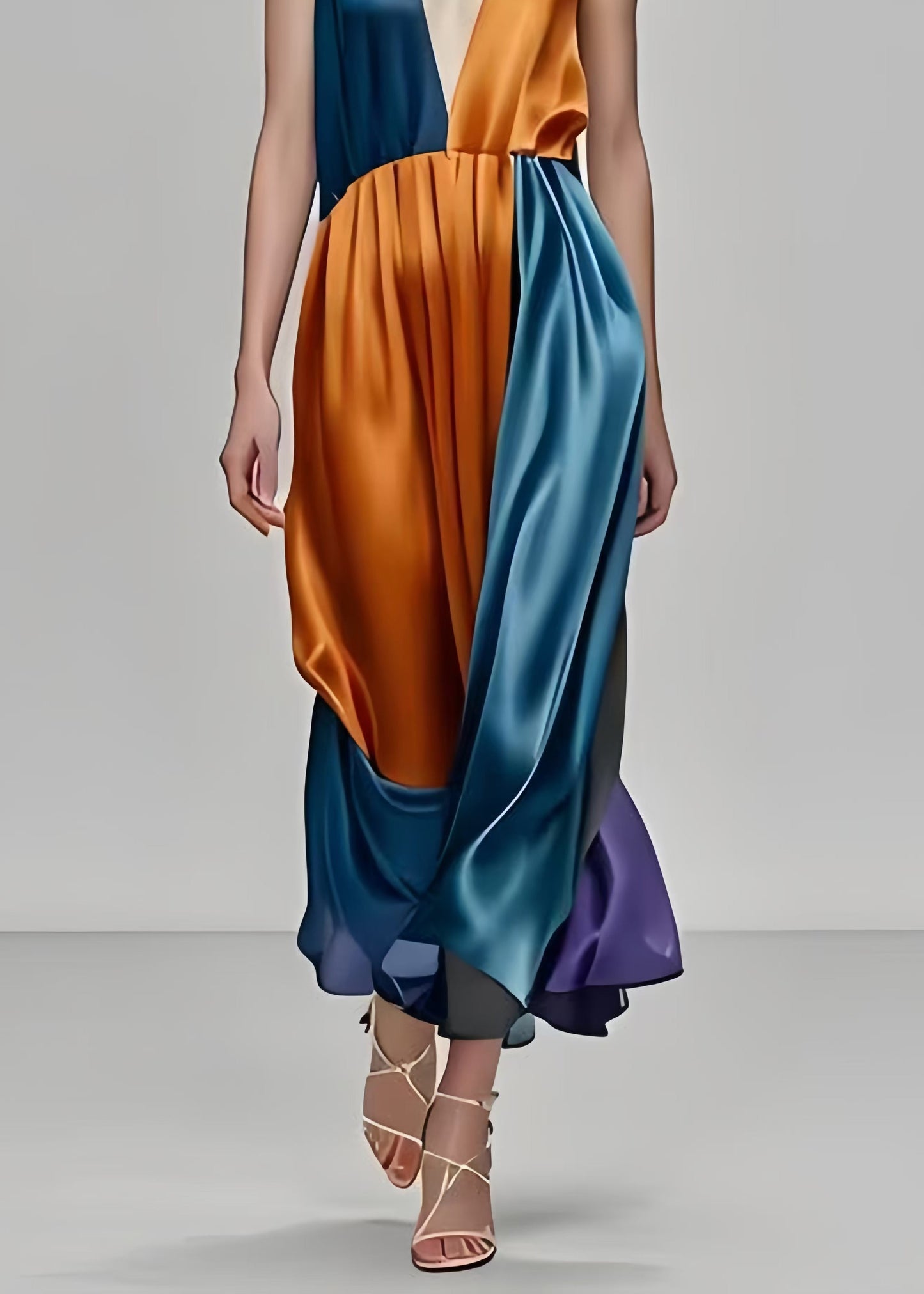 Colorblock Deep-v Neck Patchwork Silk Party Dress Sleeveless