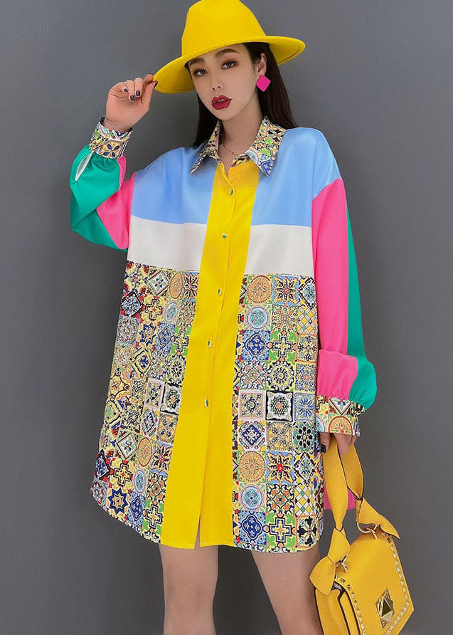 Colorblock Peter Pan Collar Print Silk Shirt Top Long Sleeve