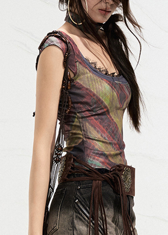 Dark Grey O-neck Print Lace Patchwork Vest Sleeveless