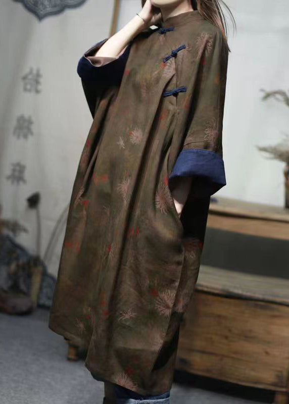 Dark Red Stand Collar Print Button Linen Gown Spring