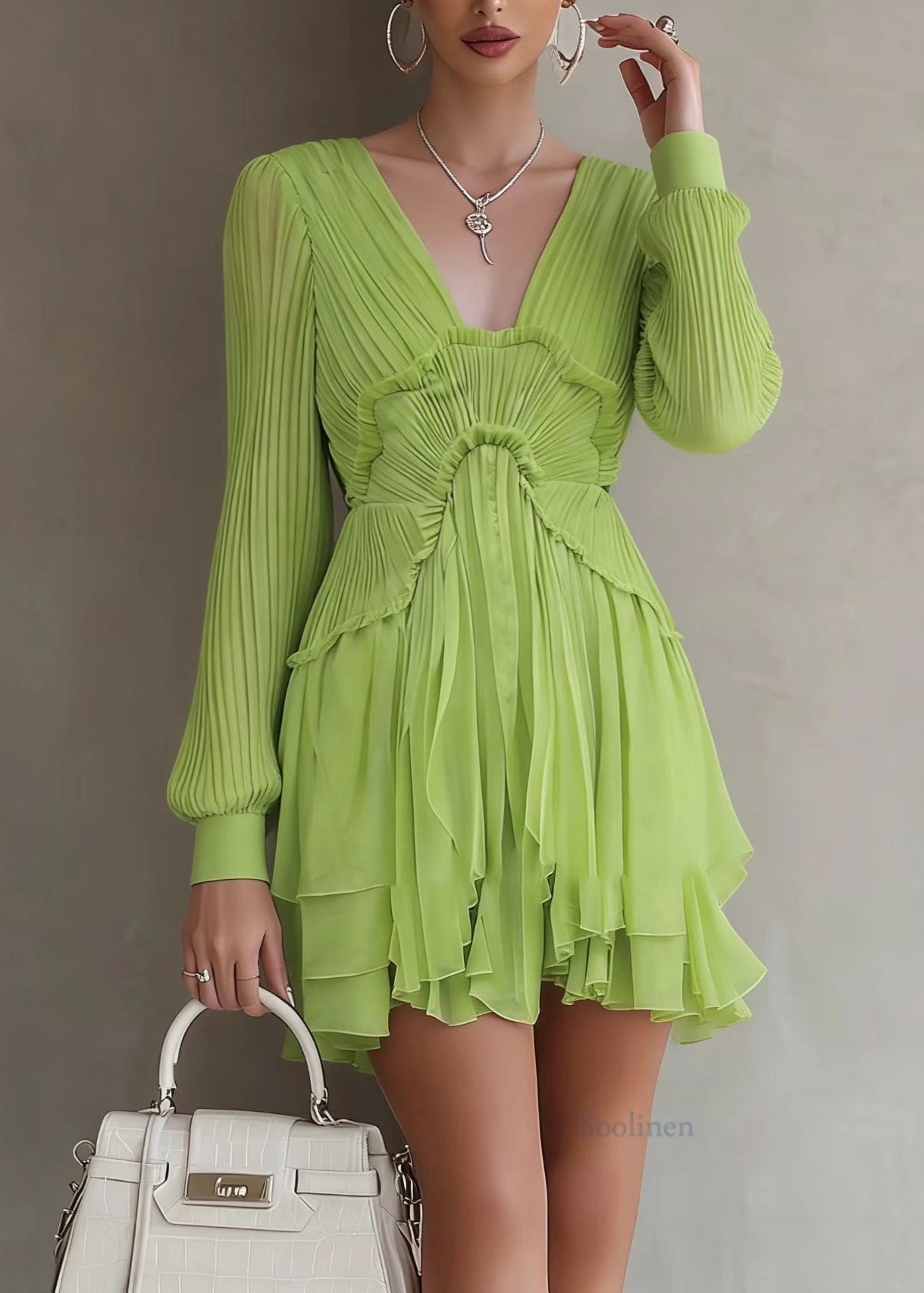 Green Patchwork Wrinkled Mid Dresses Lantern Sleeve