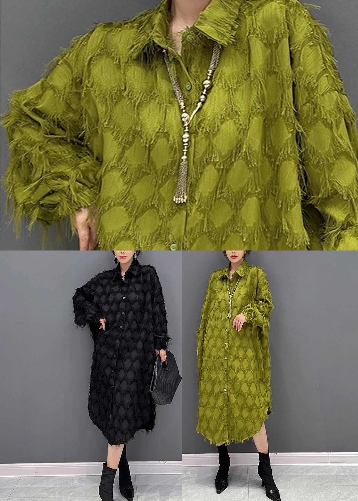Green Peter Pan Collar Tasseled Maxi Dresses Fall