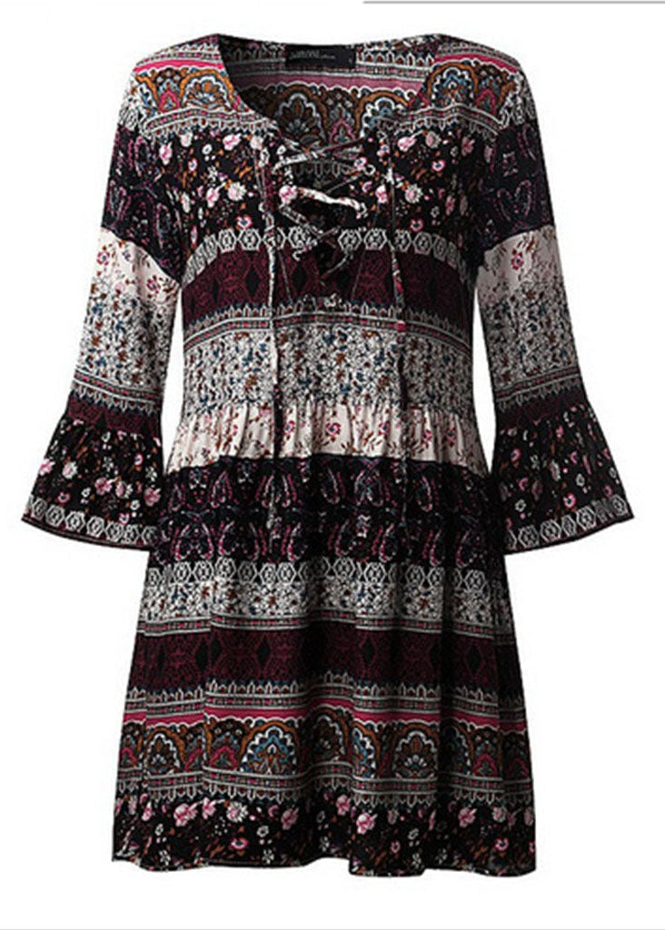 Green Print Lace Up Chiffon Vacation Mid Dresses Flare Sleeve