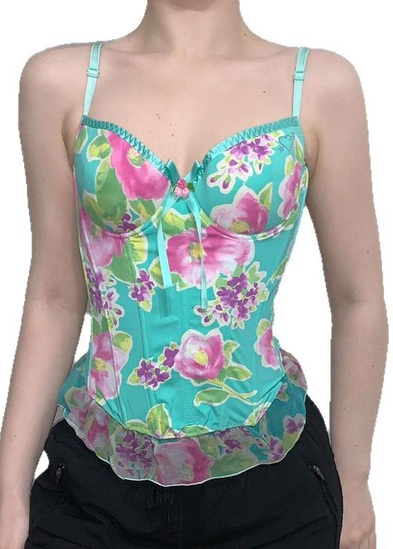 Green Print Tulle Patchwork Spaghetti Strap Tank Sleeveless