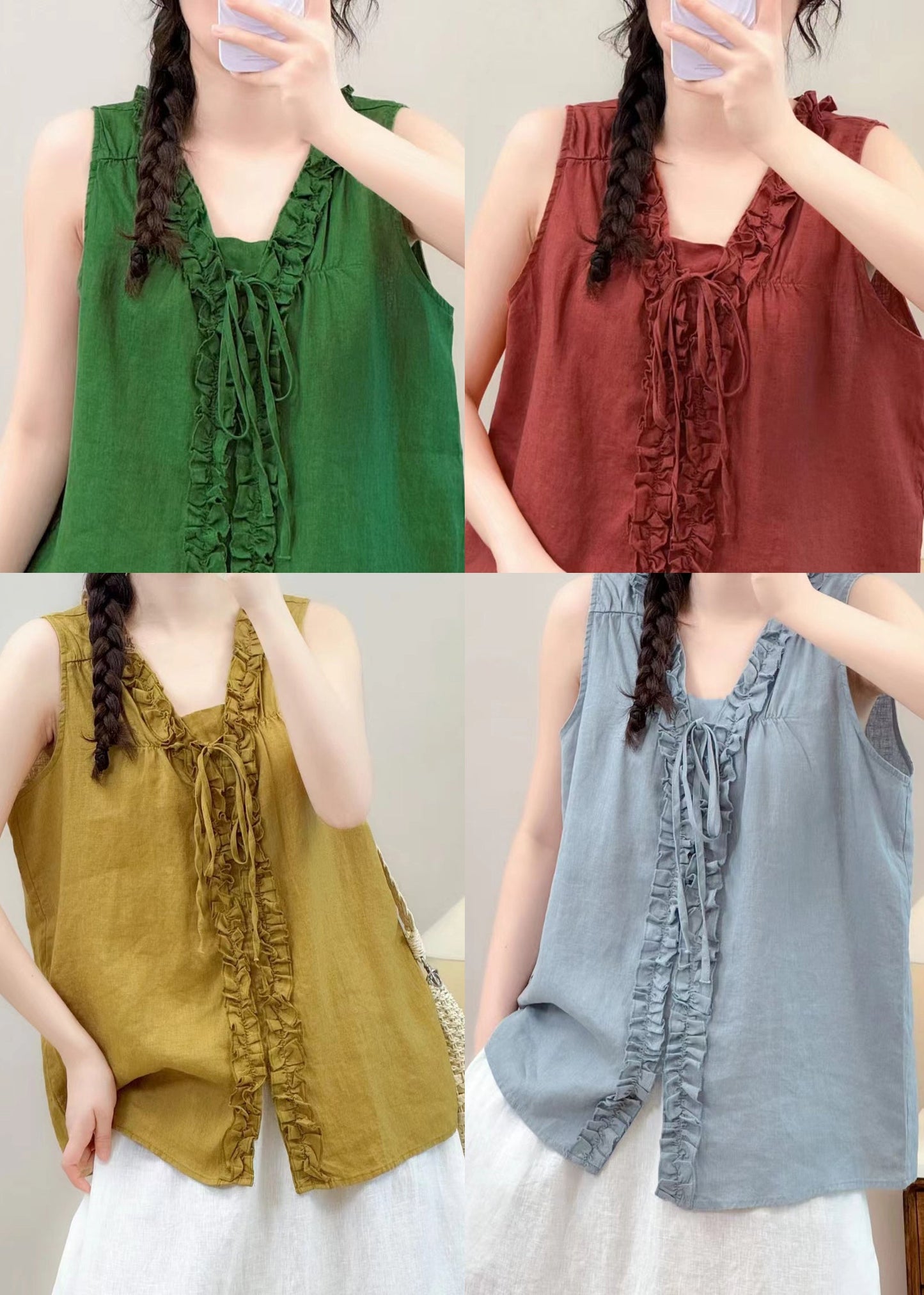 Green Ruffled Lace Up Linen Blouse Top Summer