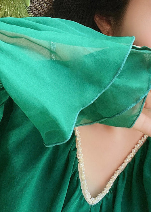 Green V Neck Print Nail Bead Wrinkled Silk Maxi Dresses Lantern Sleeve