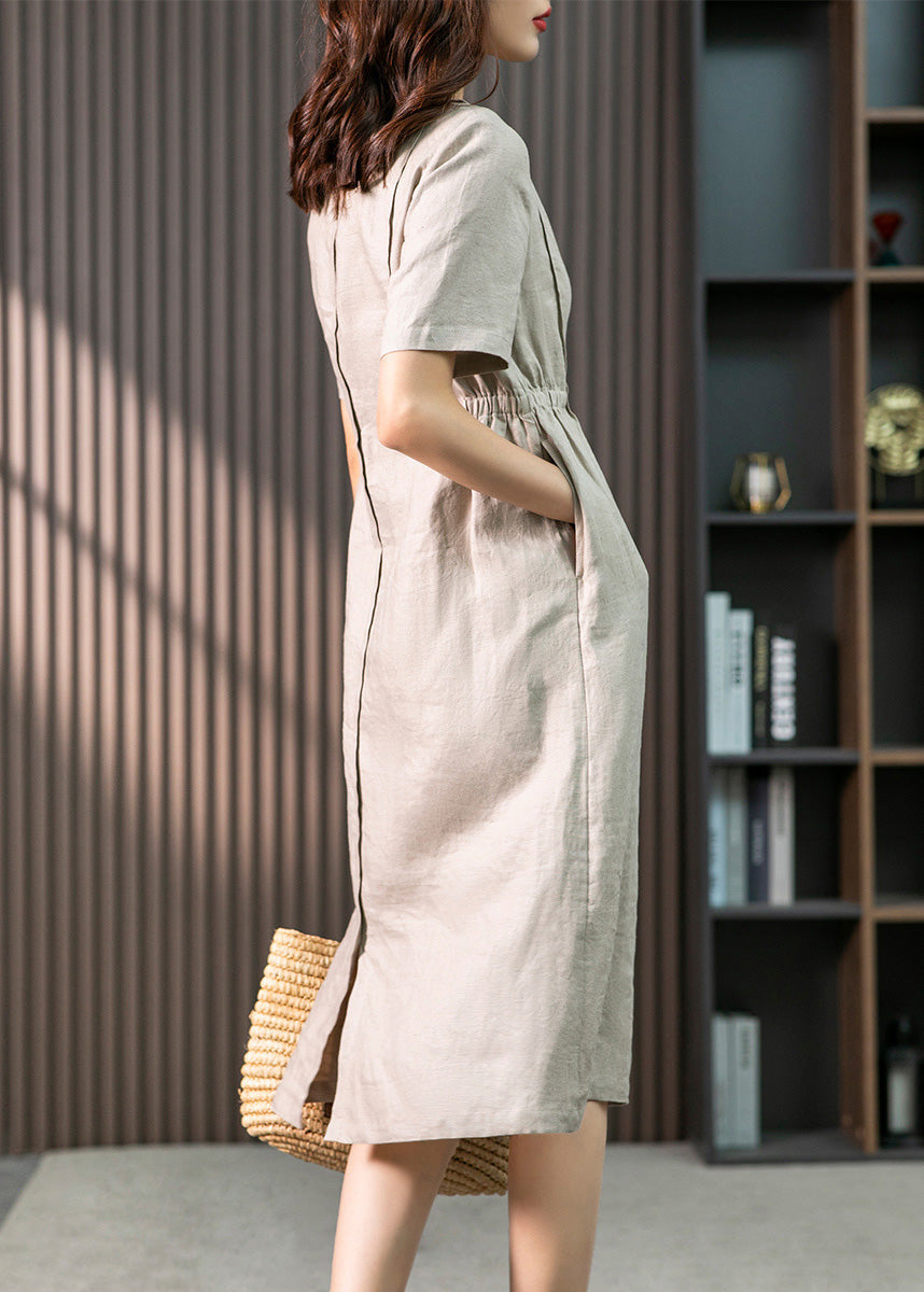 Khaki O-neck Patchwork Wrinkled Linen Long Dresses Summer