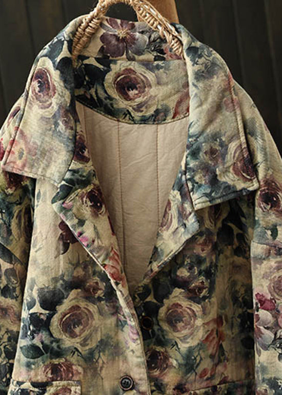 Khaki Peter Pan Collar Print Fine Cotton Filled Jacket Spring