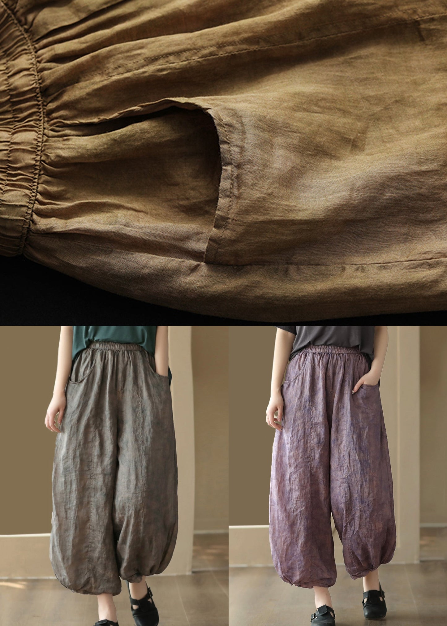 Khaki Pockets Elastic Waist Linen Crop Pants Summer