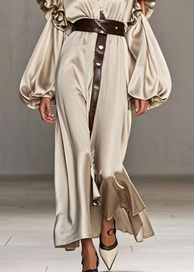 Khaki Ruffled Hollow Out Silk Holiday Dress Lantern Sleeve