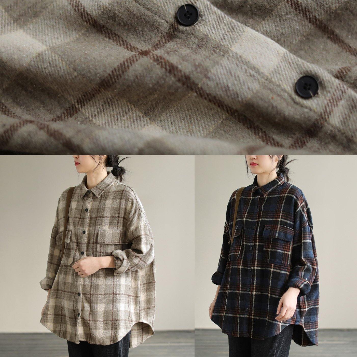 Bohemian Lapel Patchwork Spring Tunic Pattern Design Khaik Plaid Shirt