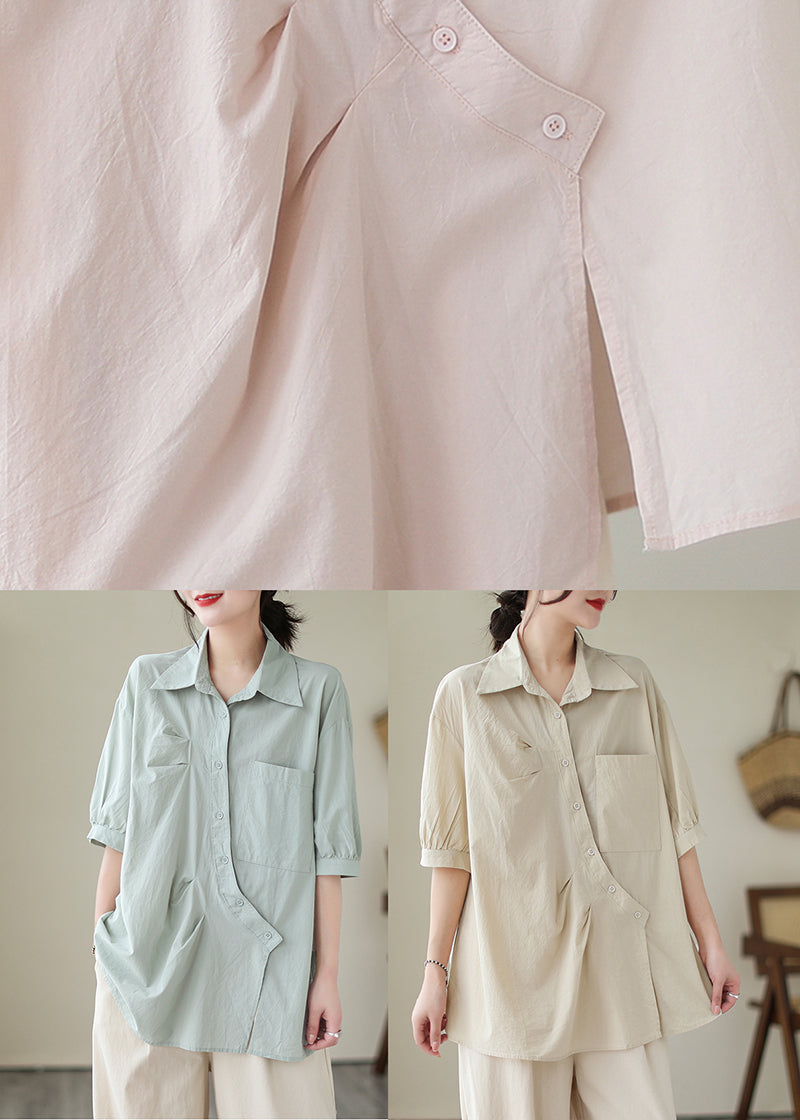 Light Blue Asymmetrical Wrinkled Cotton Blouses Half Sleeve